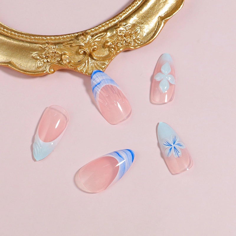 MISUD Press on Nails - Medium Almond Glue on Nails with Blue Beach, Acrylic Handmade 3D Flower Design 24 pcs - Image 3